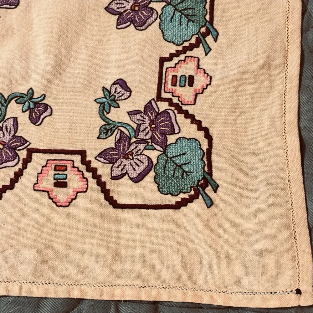 Vtg Cross Stitch Tablecloth Flowers Purple Forget Me Not Yellow Embroidered Hand